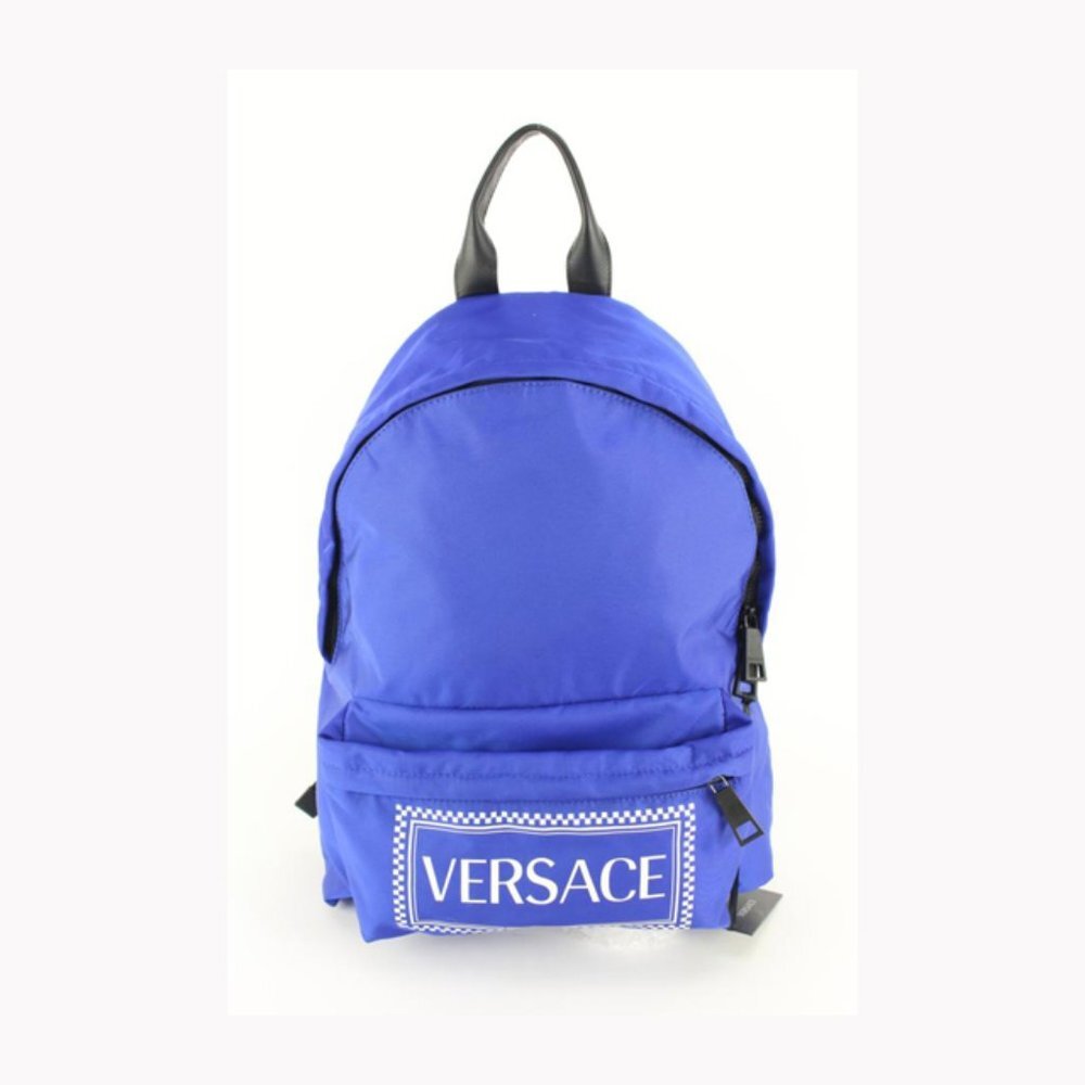 Versace Blue Zaino Stampa Logo Nylon Backpack Travel Bag 39v54s